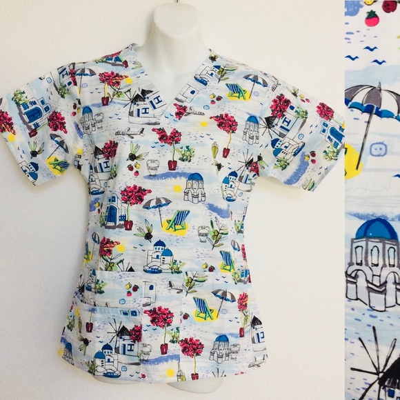 WonderWink SANTORINI Greek Vacation Print SCRUB TOP XS - Picture 1 of 14